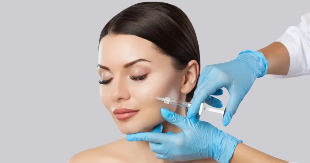Trained provider administering Dysport injectable treatment near the eye to soften forehead wrinkles and frown lines.